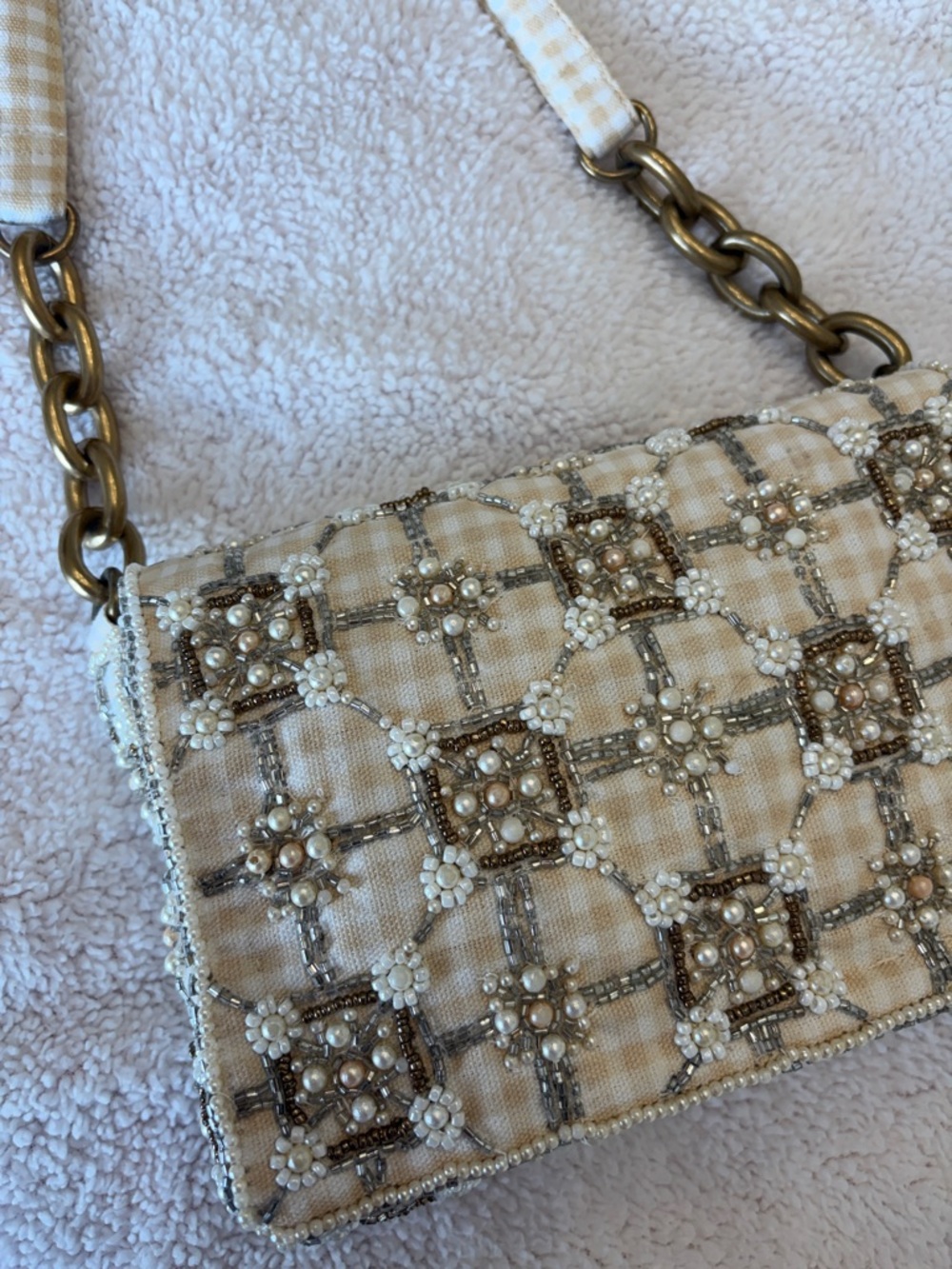 Zara Beaded Cream Plaid Shoulder Bag - Picture 2 of 6